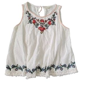 Max Studio Embroidered Cotton Blouse Boho Tank Top Crochet Frenge Small